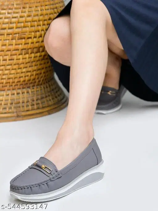 Solid Synthetic Loafers for Women (Grey, IND-4)