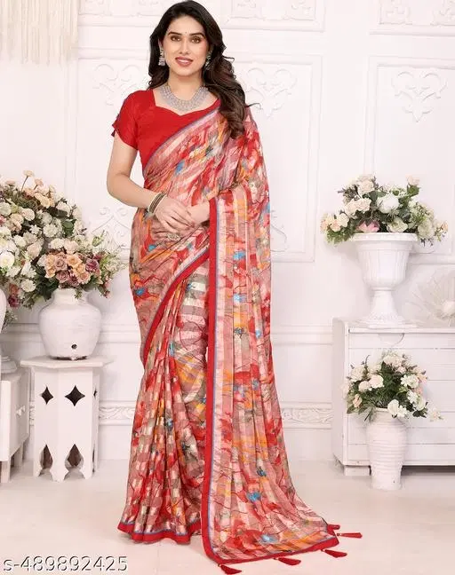 Georgette Printed Saree for Women, Red (6.3 m)