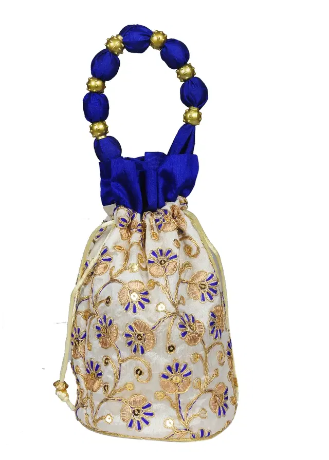Silk Floral Ethnic Rajasthani Traditional Work Potli with Handle for Return Gifts, Navy Blue