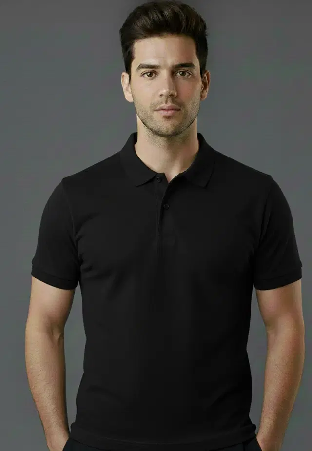 Cotton Blend Polo Neck T-shirt for men, Black (XL)