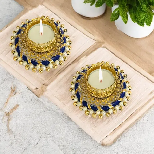 Metal Designer Tealight Candle Holder, Blue, 9x9x2.5 cm, Pack of 2