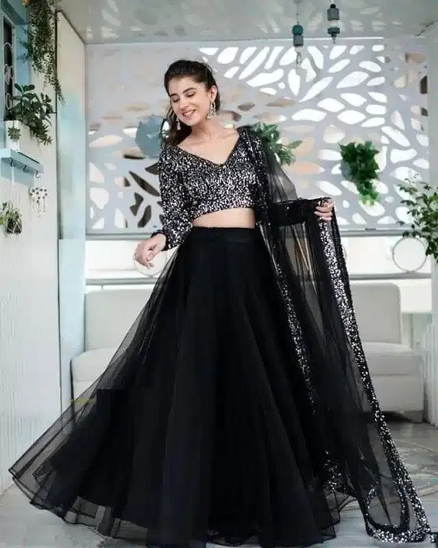 Digital Printed Unstitched Lehenga Choli for Women (Black)