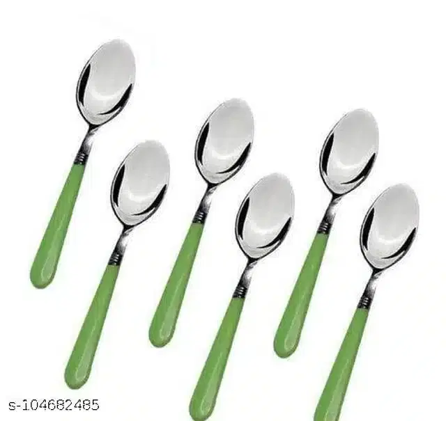 Stainless Steel Spoons, Silver & Green, Pack of 6