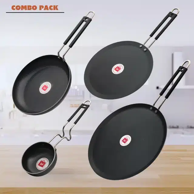 Frying Pan & Tawa Set, Pack of 4, Black, 1000 ml