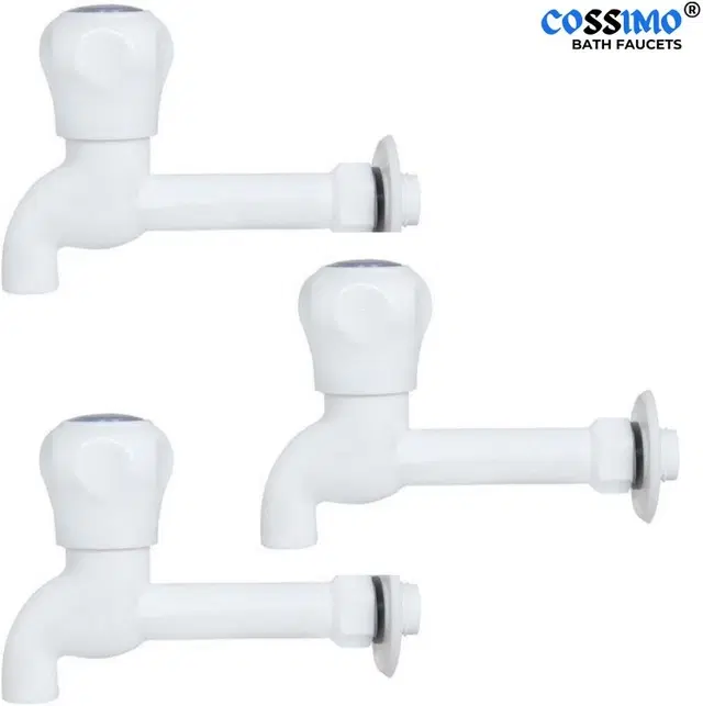 Plastic Long Body Bib Cock Tap with Wall Flange, White, Set of 3