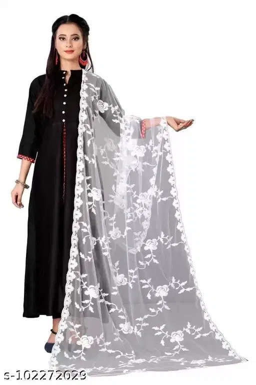 Embroidered Khaan Net with Cut Work Sewing & Embroidery (White, Free Size)