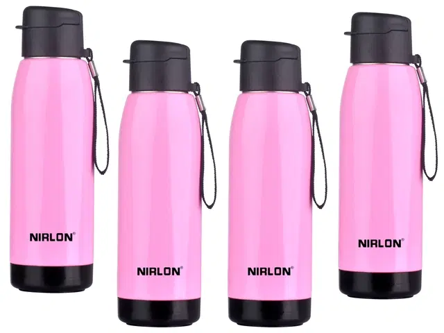 Nirlon Electro Pu Insulated Stainless Steel Inner Side Set Of 4, 750Ml, Break Proof, Leak Proof, Hot & Cold Water Bottle For Home| School | Office | Gym | Hiking | Travel Bottle (Pink)