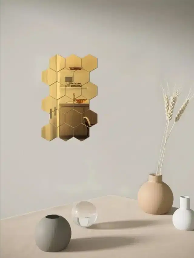 Acrylic Hexagon Shaped Wall Mirror Stickers, Gold, Pack of 18