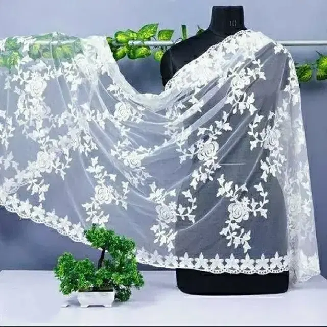 Net Embroidered Dupatta for Women, Olive (M)