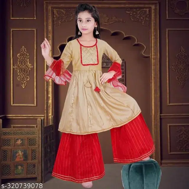 Dupion Silk Kurta Sets for Girls (Beige & Red, 2-3 Years)