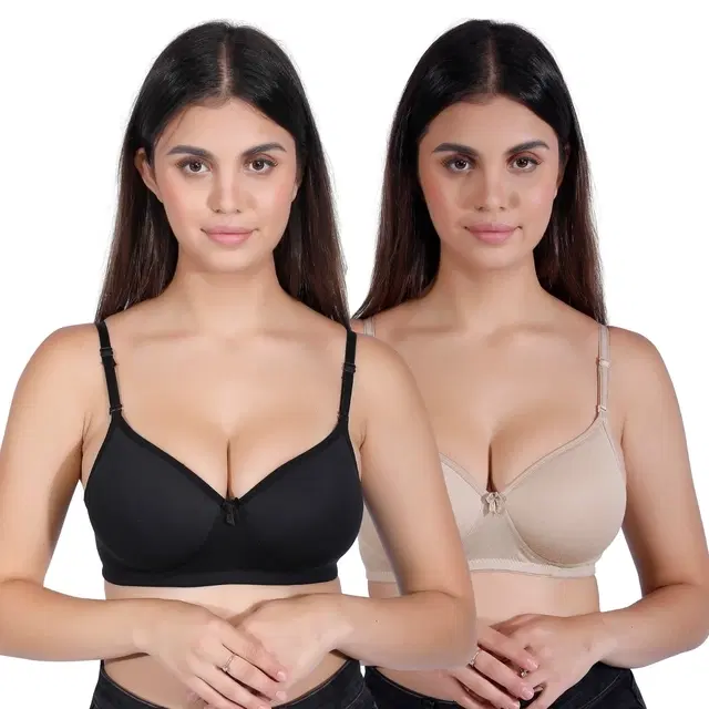 Proleaf spun sinker Non Padded Bra for women, Black & Skin, Pack of 2 (32 A)