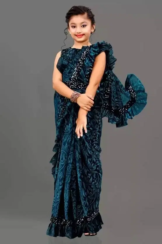 Silk Embellished Saree for Girls, Blue (10-12 Years)