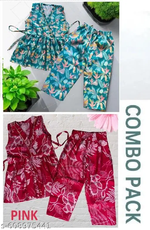 Rayon Slub Printed Clothing Set for Girls, Green & Maroon , Pack of 2 (11-12 Years)