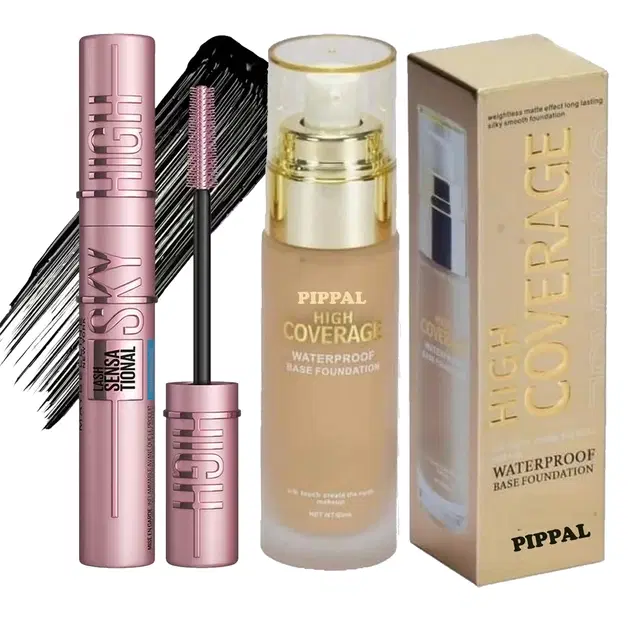 Pippal High Coverrage Waterproof Base Foundation, 60 ml with Sky High Waterproof Mascara, 12 ml, Set of 2