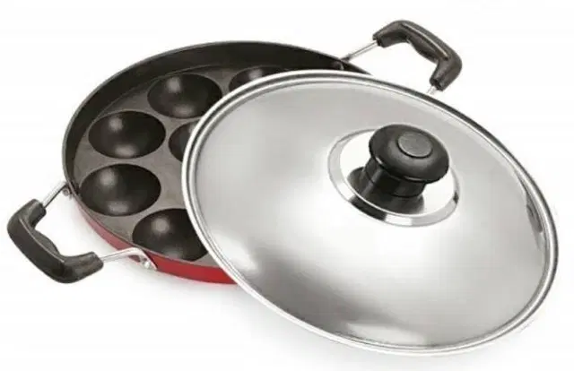 ZODEX 12 Cavities Non Stick Appam Patra with Lid and Side Handle, Multicolor, 21 cm