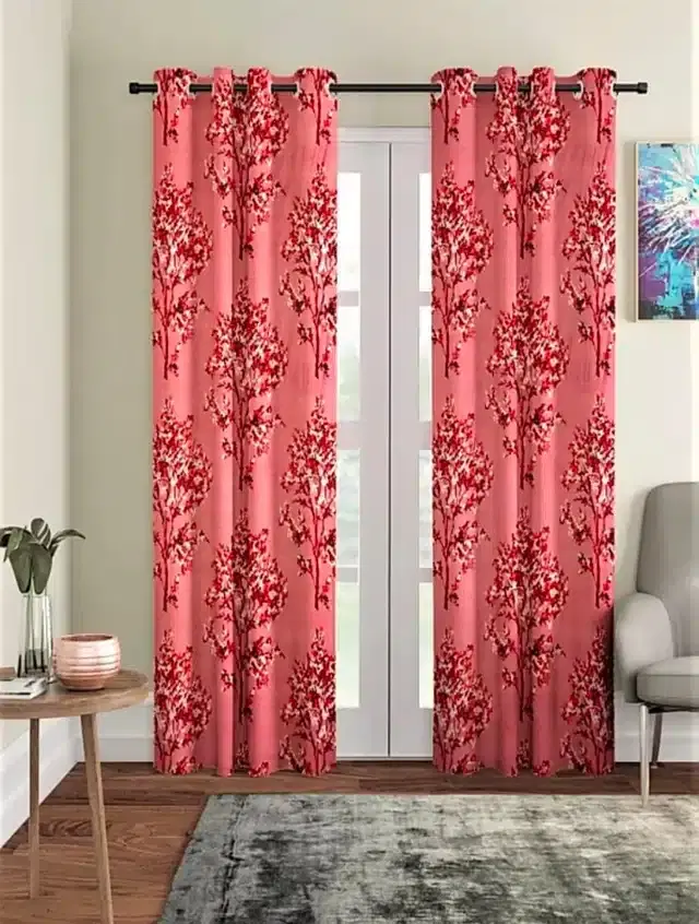 Polyester Printed Window & Door Curtains, Pack of 2, Red, 7 feet