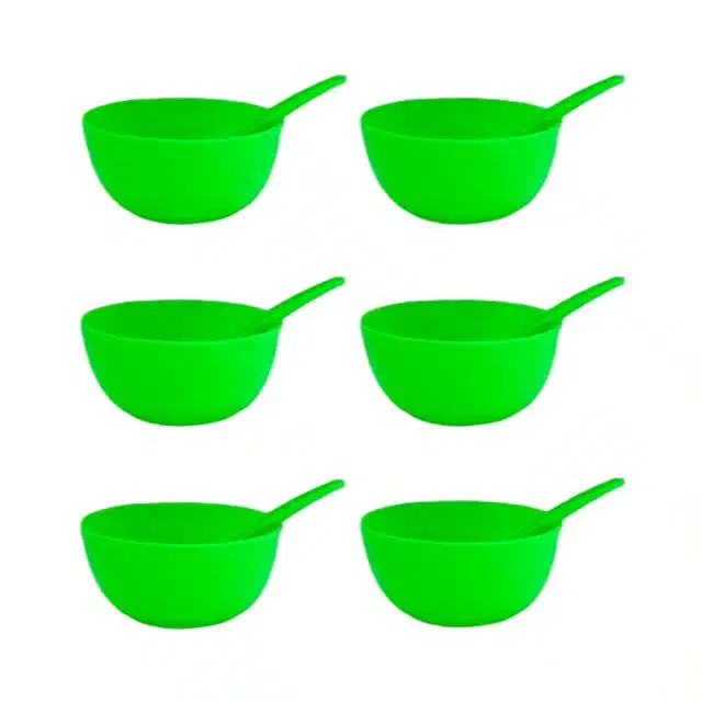 Plastic Round Shape Soup Bowls with 6 Spoons, Green, Pack of 6