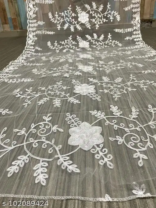 Embroidered Jaipuri Net Floral Sewing & Embroidery (White, Free Size)