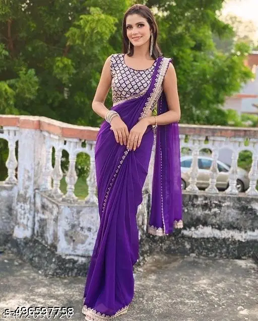Georgette Embellished Saree For Women, Purple
