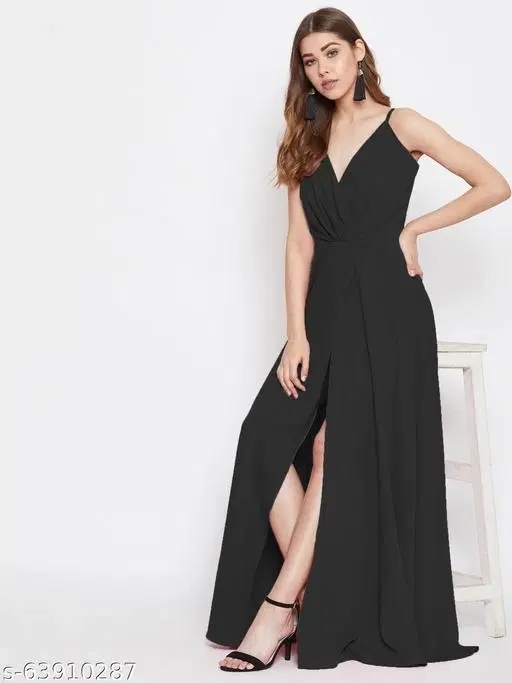 Crepe Solid Dress for Women, Black (XL)