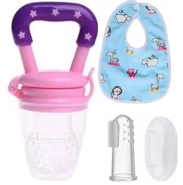 Silicone Fruit Feeder with Finger Brush & Bib for Kids, Multicolor, Set of 3