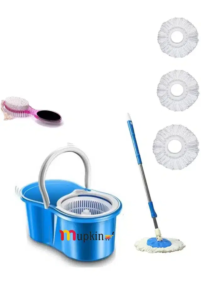 PVC Magic Spin Bucket Mop with 4 Refills & Pedicure Brush Set, Blue, Set of 2