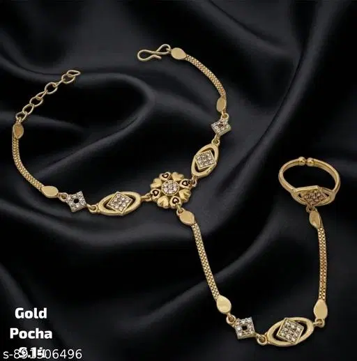 Hathpanja Bracelet with Ring for Women (Gold, Free Size)
