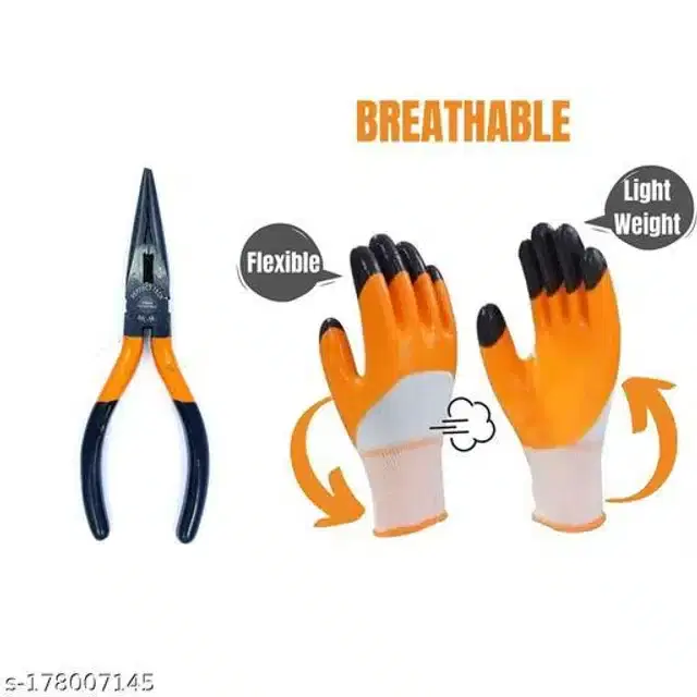 Safety Hand Gloves & Long Nose Plier, Set of 2, Orange & Black
