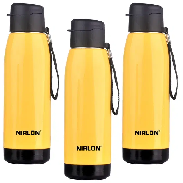 Nirlon Electro Pu Insulated Stainless Steel Inner Side Set Of 3, 750Ml, Break Proof, Leak Proof, Hot & Cold Water Bottle For Home| School | Office | Gym | Hiking | Travel Bottle (Yellow)