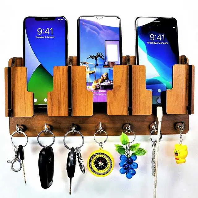 Wood 3 Pocket Mobile & Key Holder For Home Decor, Brown, NC-006