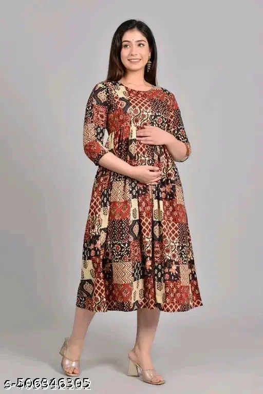 Rayon Printed Anarkali Kurti for Women, Brown (XL)