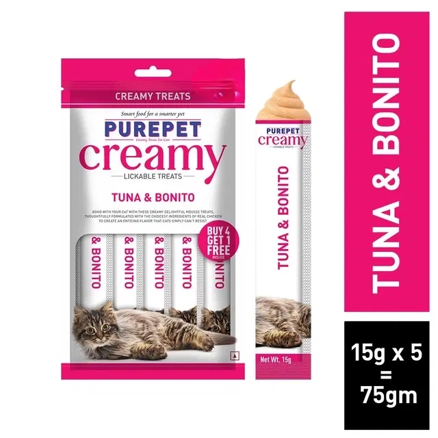 PurePet Lickable Tuna & Bonito Creamy Cat Treat, 5x15 g
