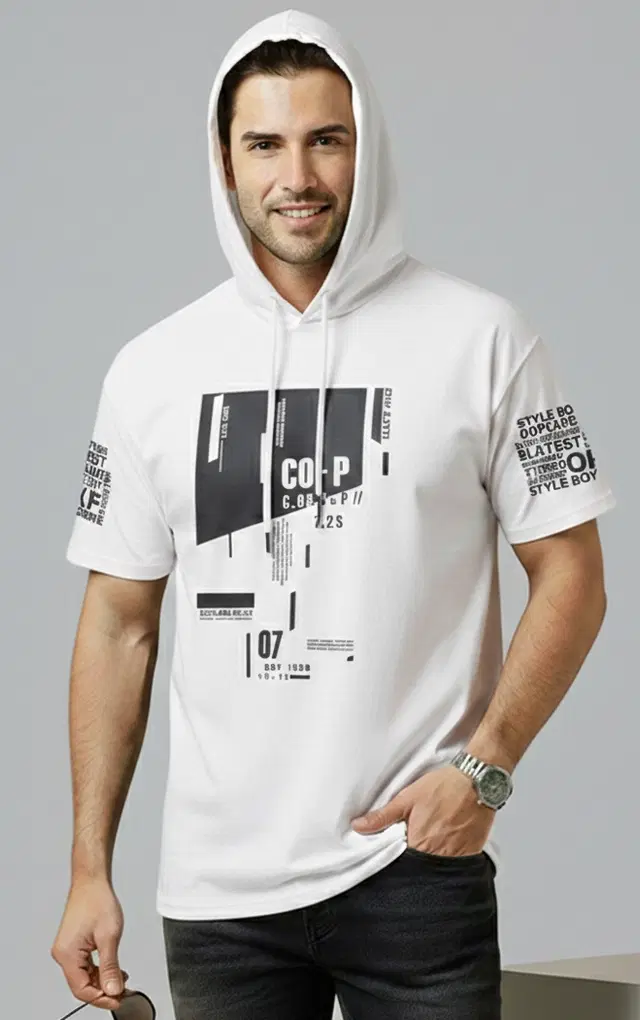 Polyester Printed T-shirt for Men, White (XL)