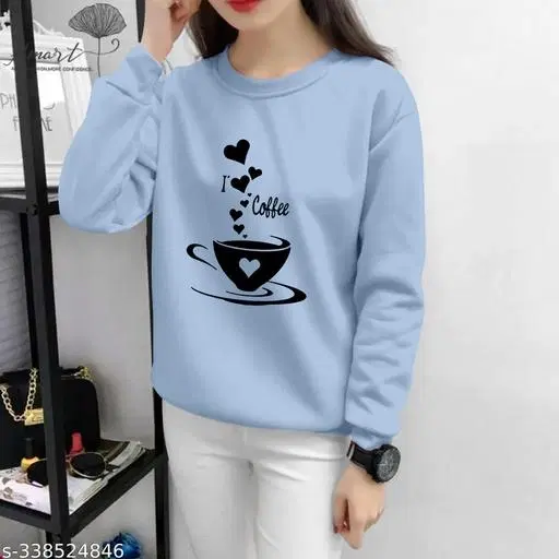 Cotton Printed Sweatshirt for Women (Sky Blue, S)