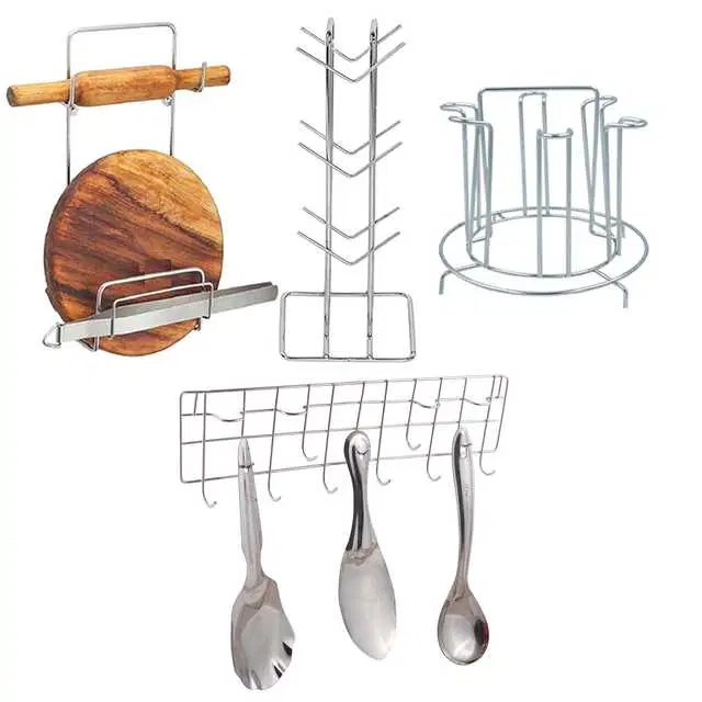 Stainless Steel Cup Stand Cup Holder & Glass Stand & Chakla Belan Stand & Hook Rail For Kitchen, Set of 4, OC-042