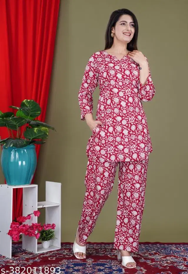 Rayon Top & Bottom Set for Women (Pink, 4XL)