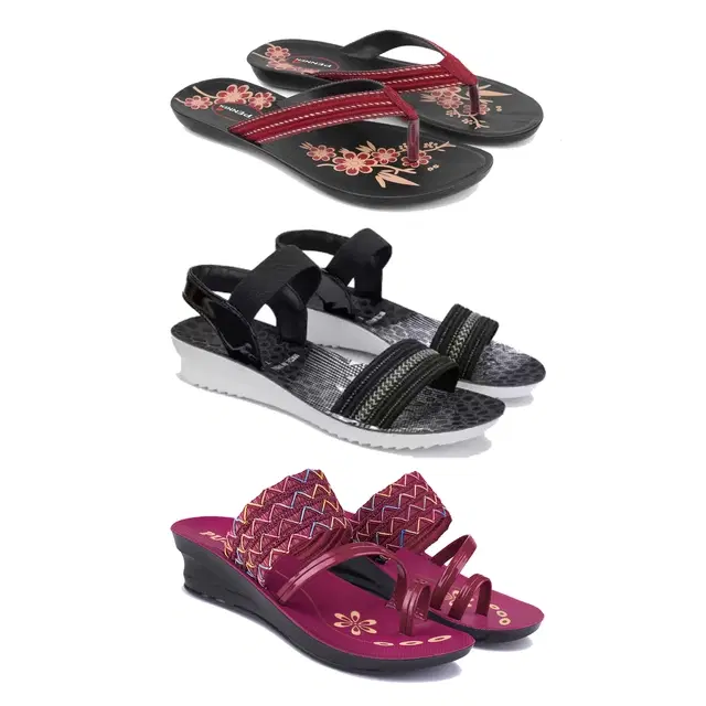 Flats with Heels & Sandals for Women, Set of 3 (Multicolor, 5)
