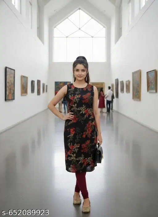 Floral Artwork Kurti for Women (Black, S)