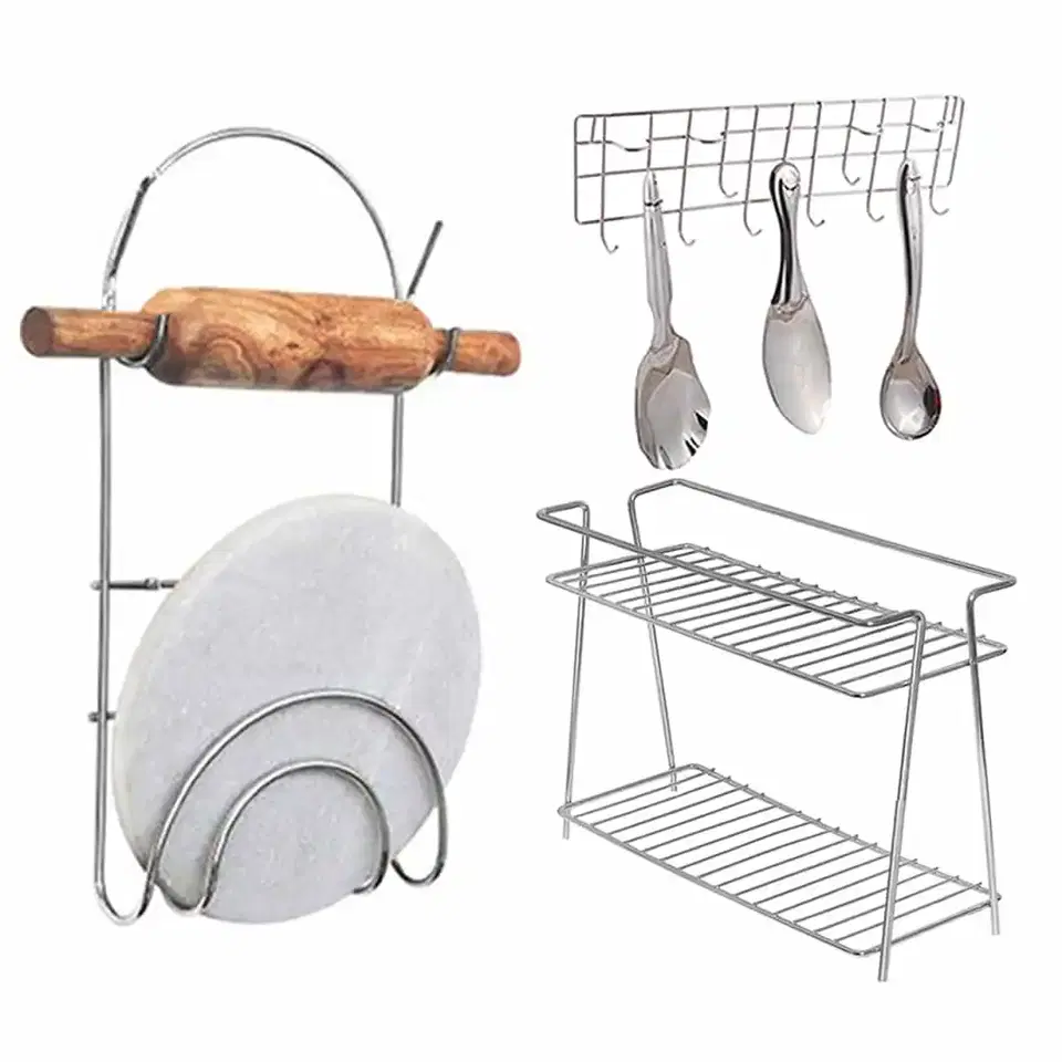 Oc9 Stainless Steel Spice Rack 2 Shelf & Chakla Belan Stand & Wall Mounted Ladle Hook Rail For Kitchen, Oc-281