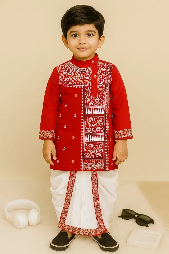 Cotton Printed Kurta with Dhoti for Boys, Red & White (0-6 Months)