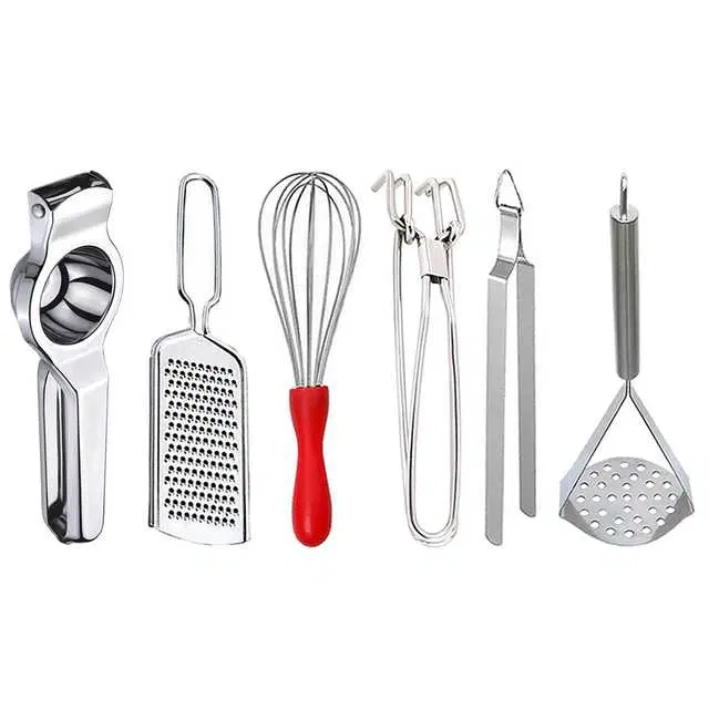 Oc9 Stainless Steel Lemon Squeezer & Cheese Grater & Egg Whisk & Pakkad & Roti Chimta & Potato Masher Kitchen Tool Set, O-142