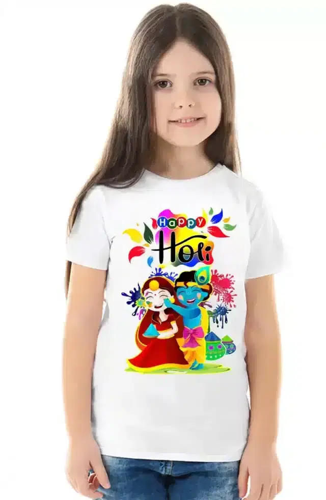 Holi special T-shirt for Kids (White, 8-10 Years)