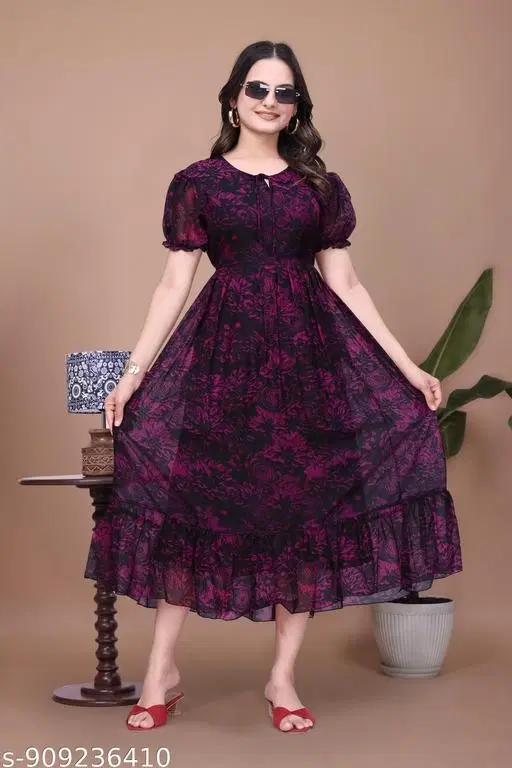 Floral One Piece Dress (Purple, S)