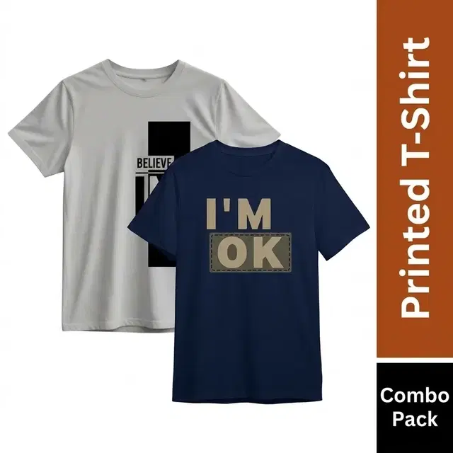 Round Neck Printed T-Shirt for Men, Combo Pack of 2, Grey & Navy Blue, XXL