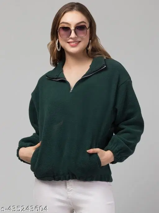 Fleece Solid Sweatshirt for Women (Green, M)