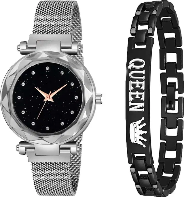 Metal Strap Analog Watch with Bracelet for Women & Girls, Set of 2 (Multicolor)