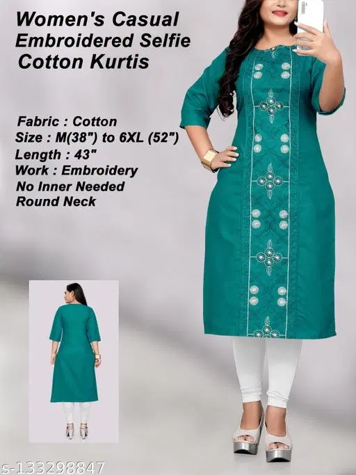 Floral Embroidered Cotton Blend Kurti for Women (Teal, M)