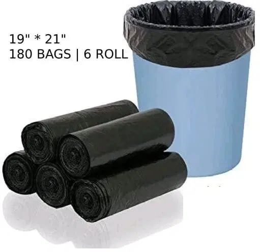 Disposable Garbage Bags, Black, 19x21 inches, 30 Pcs in 1 Roll, Pack of 6 Rolls
