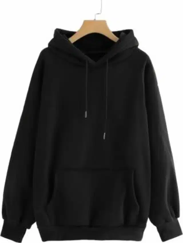 Fleece Solid Hoodie for Women (Black, L)
