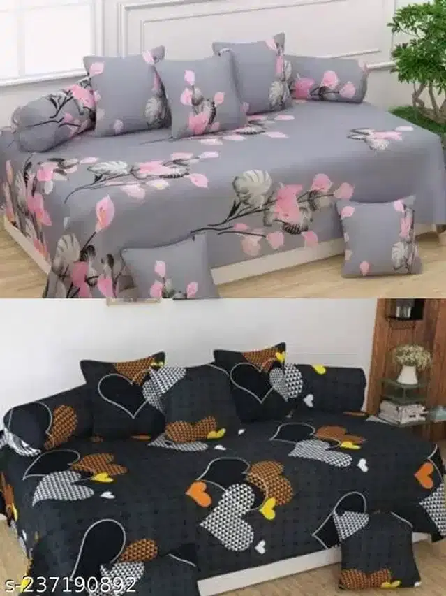 Polycotton Diwan Cover Set, Black & Grey, Combo of 2